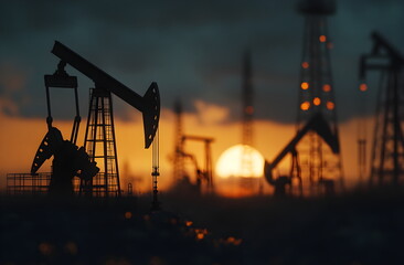 Silhouette of oil pump jack against sunset sky. Energy industry, petroleum production, fossil fuel extraction against a dramatic sundown for environmental issues and energy crisis theme.