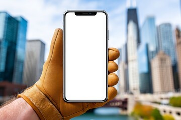 Hand in Glove Holding Smartphone with Urban Landscape Background