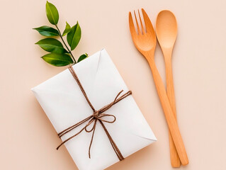 Eco-friendly food packaging wrapped in white paper with twine and green leaf, placed beside wooden fork and spoon on beige background, promoting sustainable lifestyle and minimal aesthetics