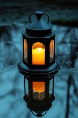 Atmospheric Lantern Glow Reflected on Water Surface Creates Serene and Tranquil Mood with Dark Background and Moody Style