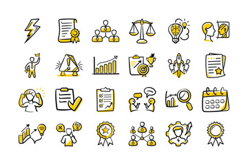 Business & Productivity Icons – Hand-Drawn Doodle Set for Strategy, Leadership & Efficiency

