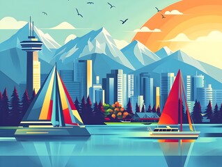 Fototapeta premium Vancouver skyline, Sailboats glide across a serene lake surrounded by mountains and a vibrant city skyline during sunset