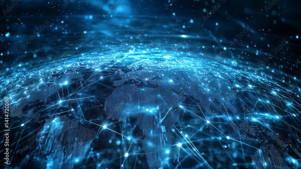 Poster Global network connection, digital world map with glowing lines.
