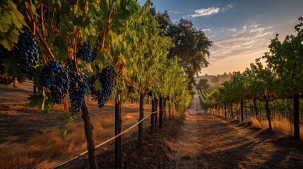 Fototapeta premium National Raisin Week. Vineyard at sunset with clusters of grapes drying on the vine becoming raisins, California wine country landscape, golden hour lighting