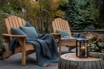 Obraz premium Two wooden chairs with soft blankets and pillows create a cozy and inviting outdoor seating area, perfect for relaxing in the crisp autumn air