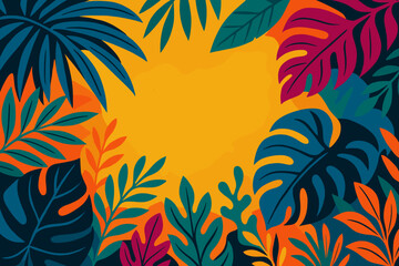 Vibrant Tropical Leaf Art in Bold Colors on Yellow Background  