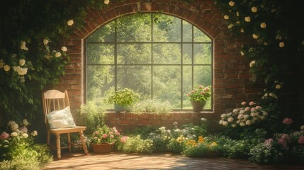 Obraz premium Rustic garden room with arched window. Sunlight streams through, illuminating flowers and plants. Cozy seating area