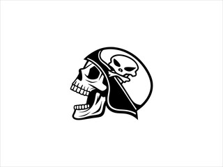 A minimalist, black and white graphic of a stylized skull head.