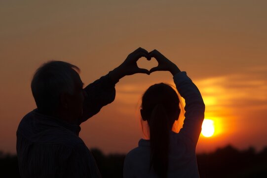 Grandfather and granddaughter making heart shape with hands at sunset, showing love and connection