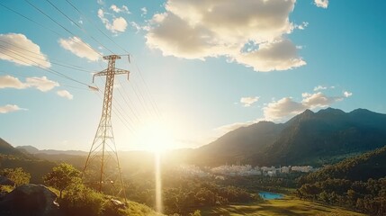 Fototapeta premium High voltage transmission lines at sunset mountain landscape gigapixel photography natural environment serene view