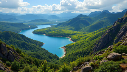 A region revealing a moderate climate zone, characterized by the distribution of green foliage and the presence of significant bodies of water.