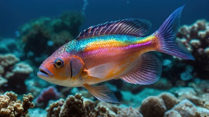 Fototapeta premium Colorful Fish Swimming in Ocean Water near Coral Reef Rocks