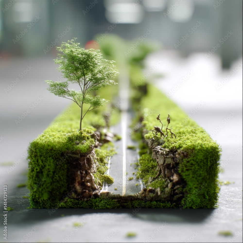 Poster miniature road cut with moss and tree: a tiny ecosystem beside the asphalt path, illustrating interp
