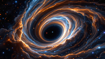 A swirling vortex of cosmic dust and ionized gases, illuminated by the intense radiation of newly formed stars, creates a breathtaking spectacle of color and light against the black canvas of space