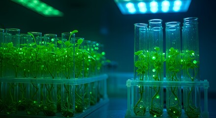 Plants growing in test tubes under blue light in a laboratory setting for scientific research