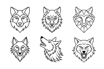 Wolf Face Liner Icon Set. Animal Head Logo Vector Illustration Isolated on a White Background