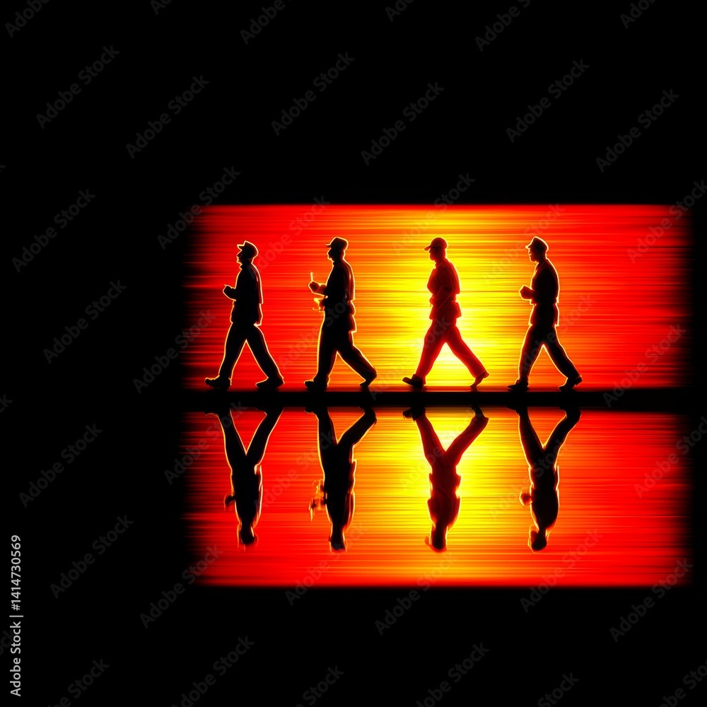 Poster Silhouette March: Reflective figures walk against a vibrant sunset backdrop creating a striking image with depth and texture.