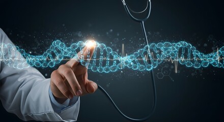 Doctor touching glowing dna strand with stethoscope and heartbeat line in dark background