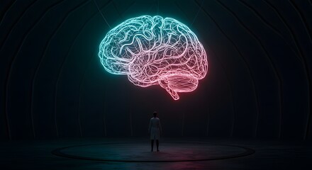 A person looking at a glowing neon brain in a dark room with a circular platform underneath it
