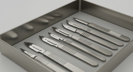 A metal tray filled with several surgical scalpels aligned in a row on a white background surface
