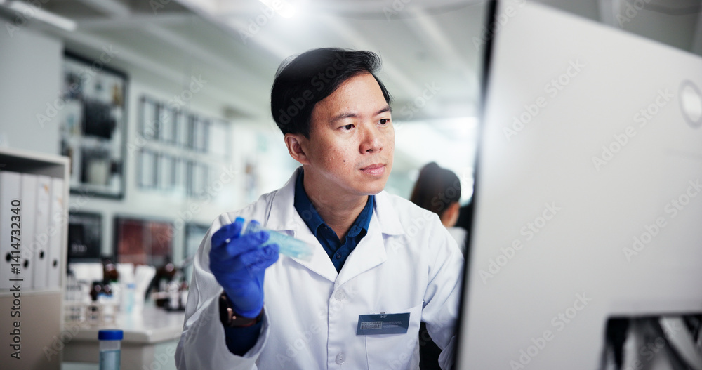 Poster man, scientist and vial with computer for medical research, discovery or data at laboratory. male pe