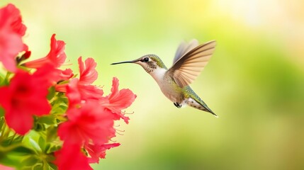 Fototapeta premium Vibrant hummingbird in flight, feasting on bright red blossoms.
