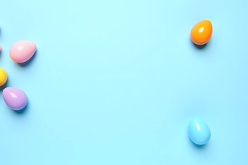 Bright painted eggs on light blue background, flat lay with space for text. Top view. Happy Easter