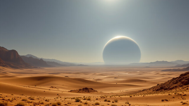 The first rays of the star strike a tidally locked planet, its surface perpetually facing the sun. The light intensifies rapidly, revealing a desert landscape of vast dunes and wind carved formations
