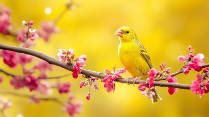 Vibrant yellow bird perched amongst spring blossoms.