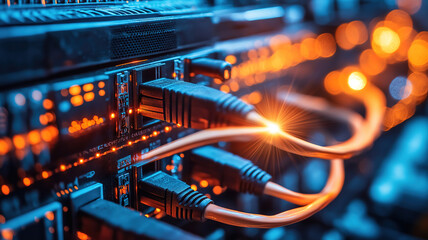 Obraz premium Active connections on a glowing network switch in a nighttime data center highlighting