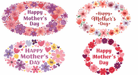 Bright floral Mother’s Day cards with oval flower frames in red, pink, purple, and orange tones, featuring handwritten-style text and playful, festive designs on white backgrounds.


