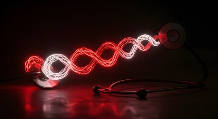 A glowing dna strand connecting to a stethoscope in a dark environment with red undertones