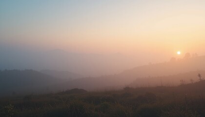 Obraz premium Serene sunrise over misty landscape nature photography tranquil environment scenic viewpoint atmospheric concept for relaxation