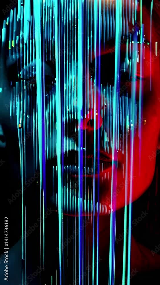 Sticker close-up video still of a face with colorful vertical light streaks, creating a futuristic and abstr