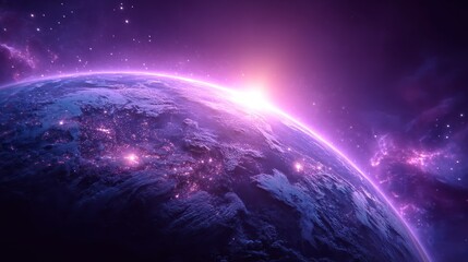 Obraz premium Earth Sunrise View From Space with City Lights and Purple Nebula
