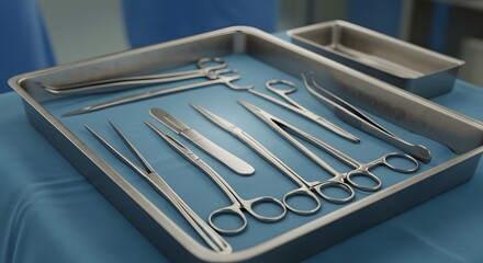 Surgical instruments arranged on a metal tray over a blue cloth in a sterile environment setting