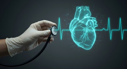 A gloved hand holding a stethoscope near a digital heart with an ekg line on a gray background