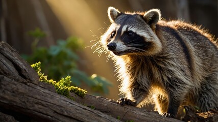 Fototapeta premium Raccoon Climbing Log in Forest with Golden Light Streaming Through Trees