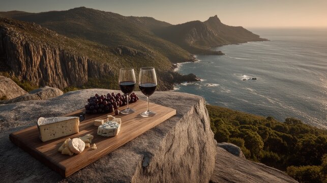 Assorted cheeses and red wine on rustic board at coastal sunset