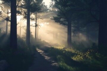 Fototapeta premium Golden sunlight filters through a misty forest path at dawn, creating a magical and serene atmosphere