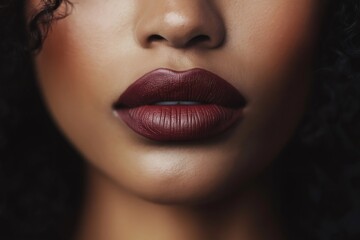 Close up showcasing full lips with a rich, dark matte lipstick, highlighting the beauty and boldness of the color