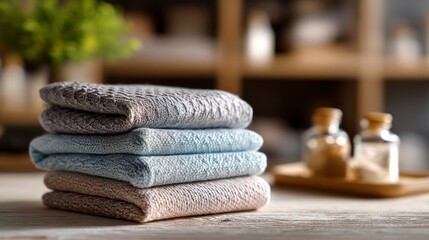Stack of Soft Neutral Colored Towels on Wooden Table Still Life