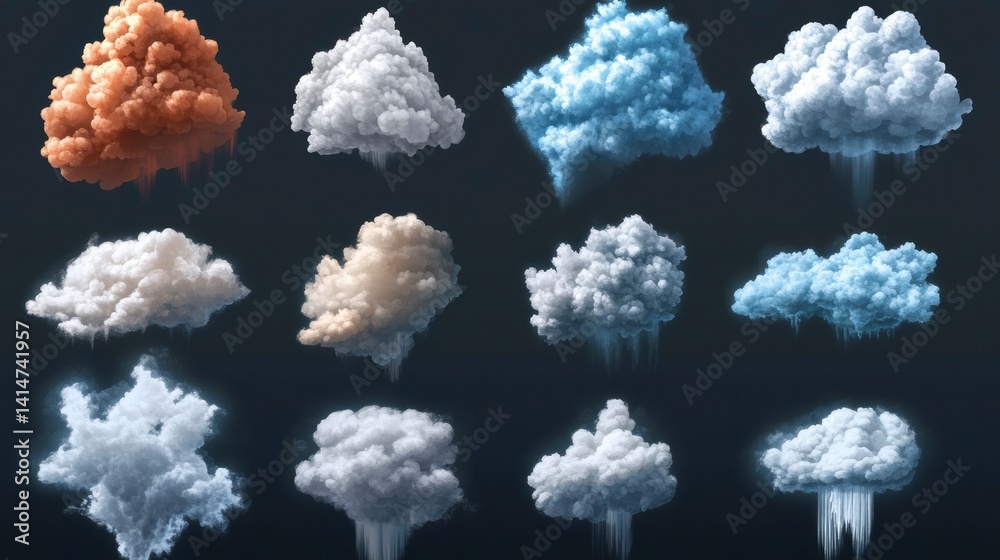 Aufkleber Collection of various shaped clouds in different colors, isolated on dark background.