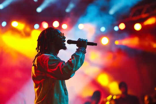 Reggae singer captivating the audience with a dynamic performance on a vibrant stage, surrounded by colorful lights and swirling smoke