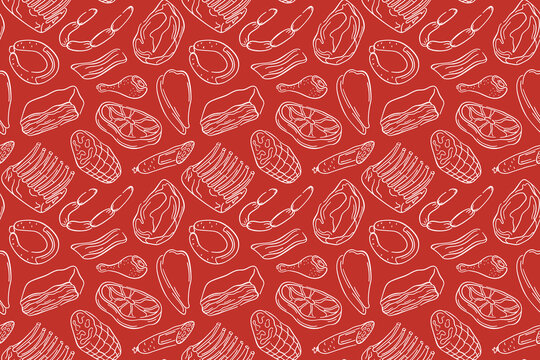 Seamless pattern with line art style meat cut, sausage, ribs, ham, bacon and drumsticks on red background. Ideal for butcher shop, food packaging or culinary theme design.