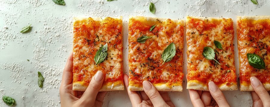 Three hands holding Italian pizza slices with fresh basil leaves