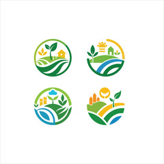 Four circular nature logos featuring farms fields plants and buildings in green