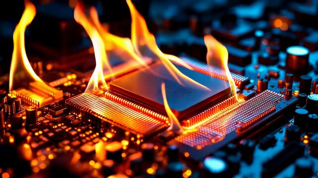 Overheating Computer Motherboard in Flames: A Graphic Warning of System Failure