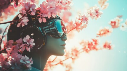 Abstract soft floral background close up face girl with flower, autumn retro futuristic photography concept
