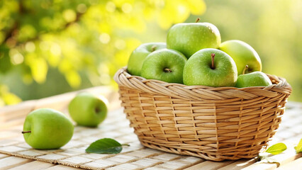 Green Apple in Wicker Basket on tield wooden surface in Natural sunny day background